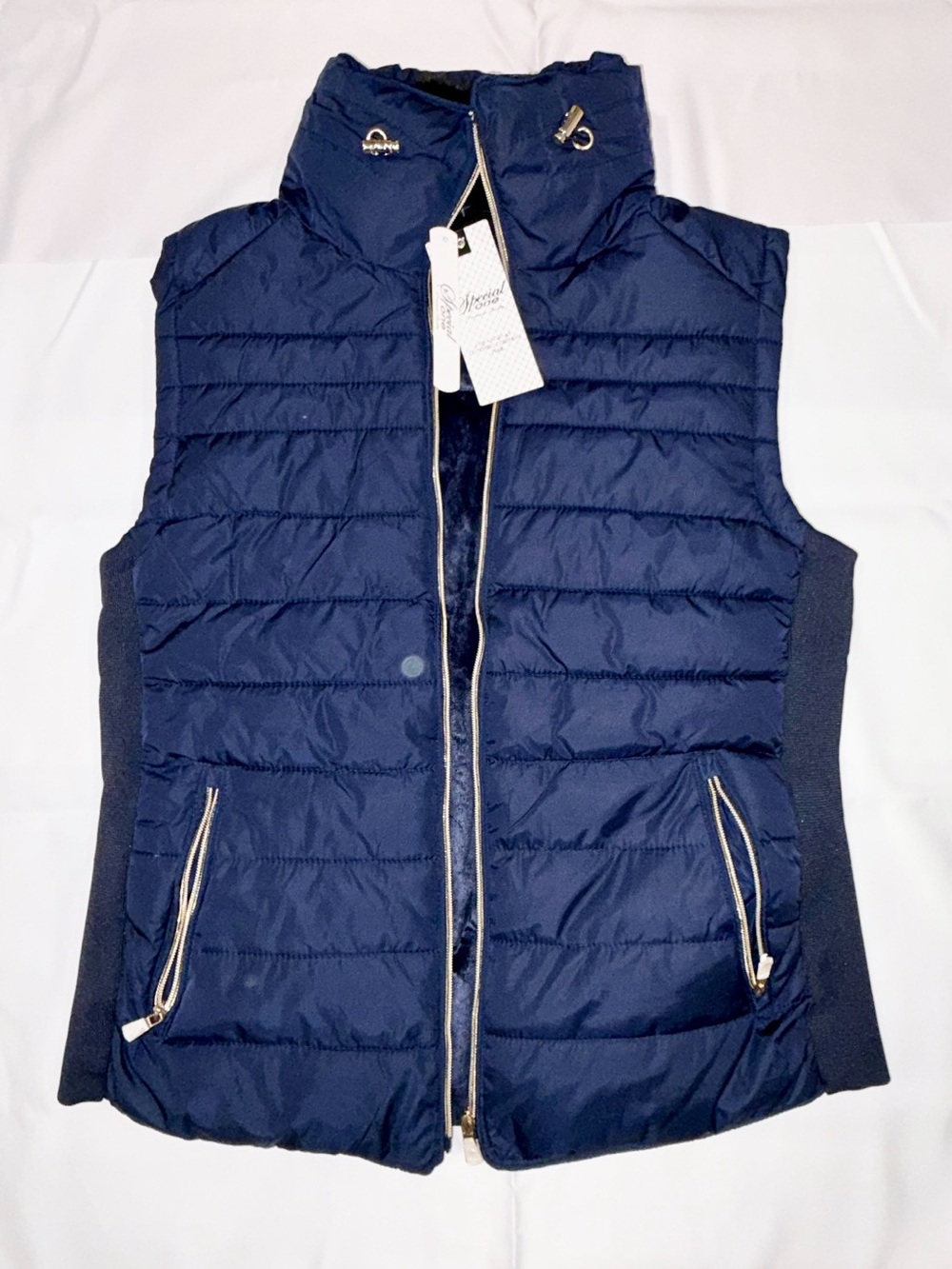 Classic Navy Quilted Puffer Vest with Knit Side Panels